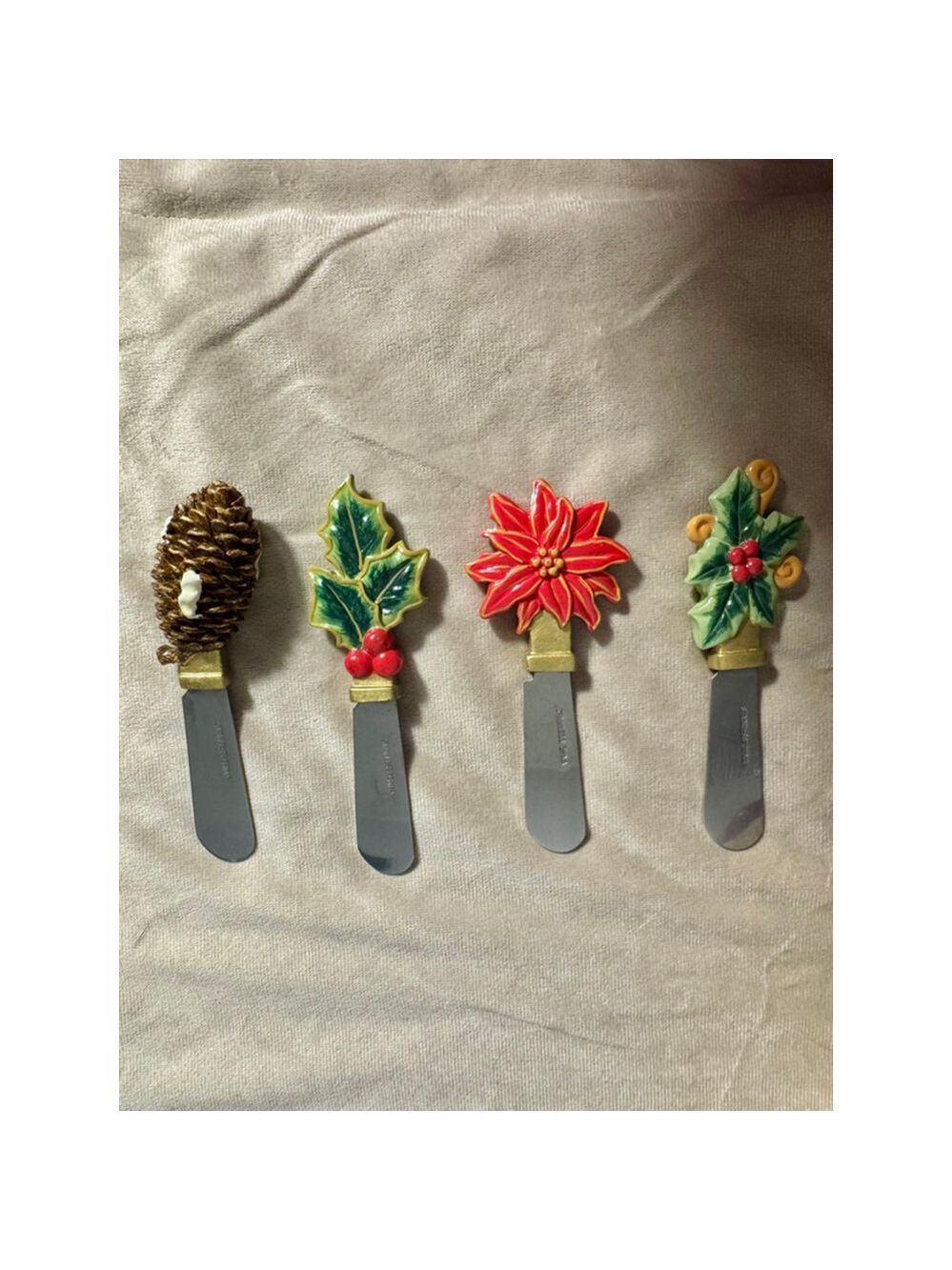 Vintage Christmas themed butter, cheese, jam spreaders Holly poinsettia pine